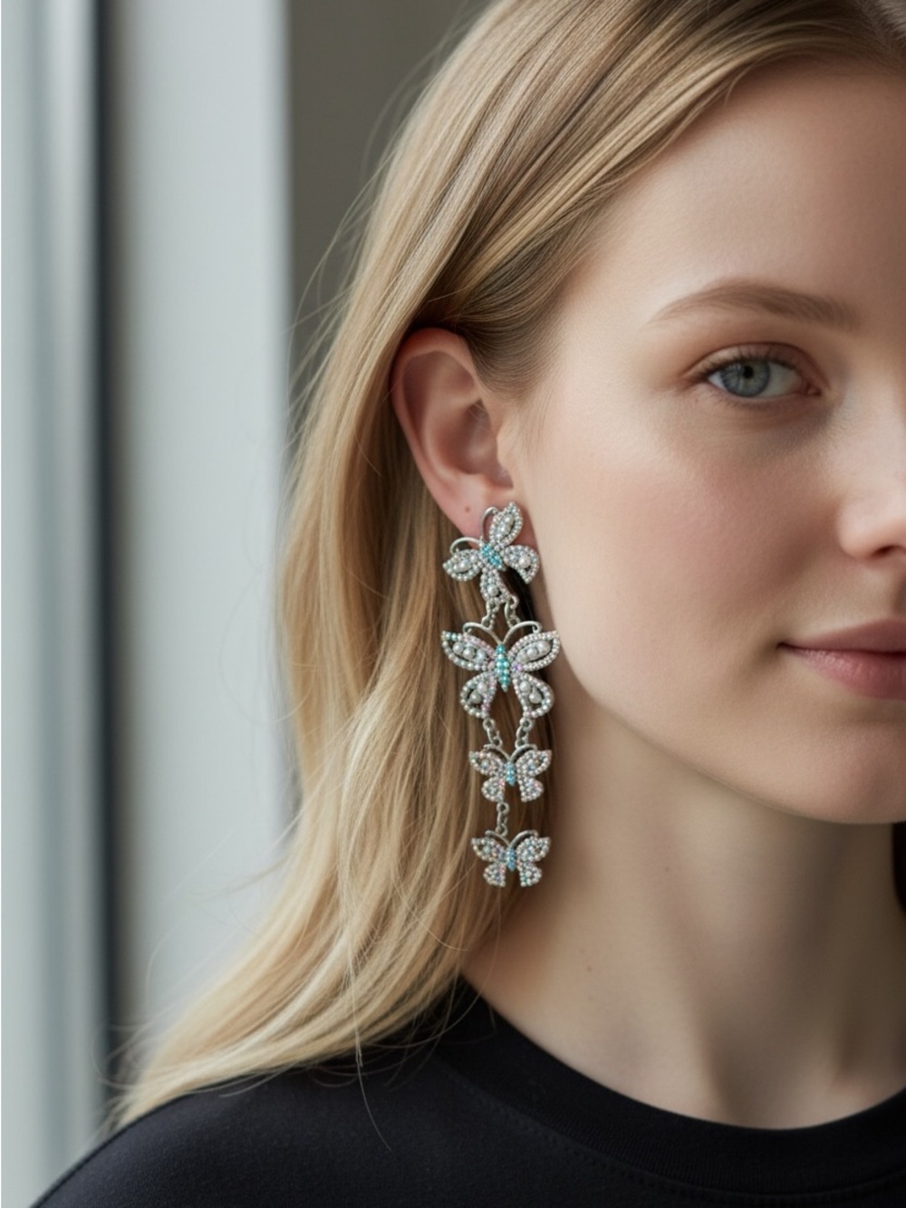 Crystal Butterfly Drop Earrings - Silver and Iridescent